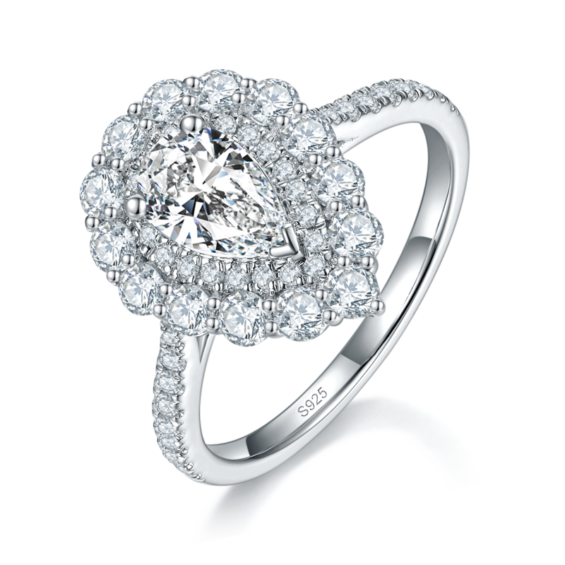 百搭微镶水滴Women's RingS925银镀白金定制选款主石Moissanite1.0ct/副石高碳钻