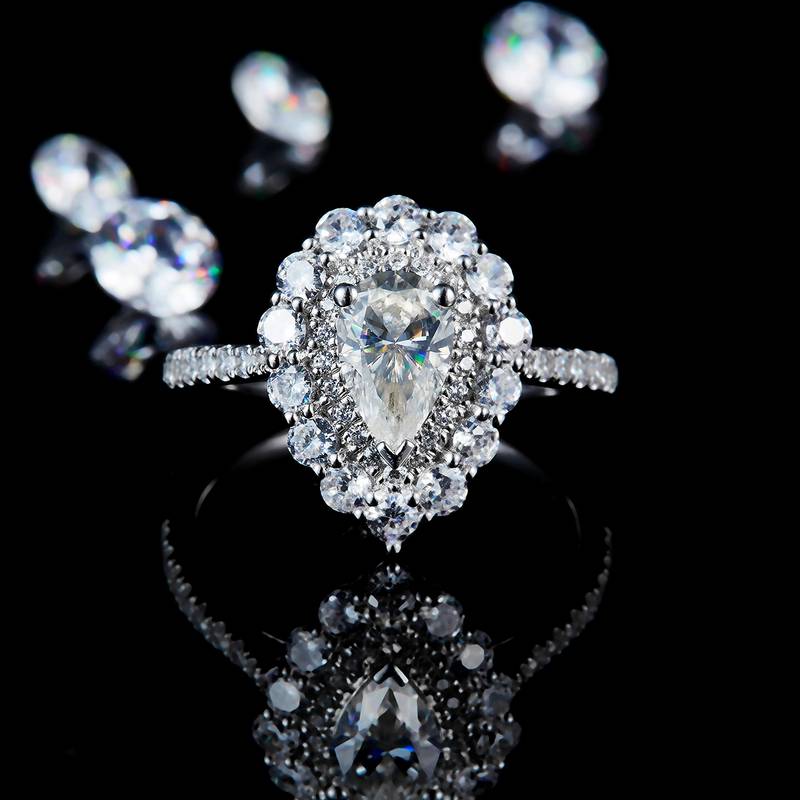 百搭微镶水滴Women's RingS925银镀白金定制选款主石Moissanite1.0ct/副石高碳钻