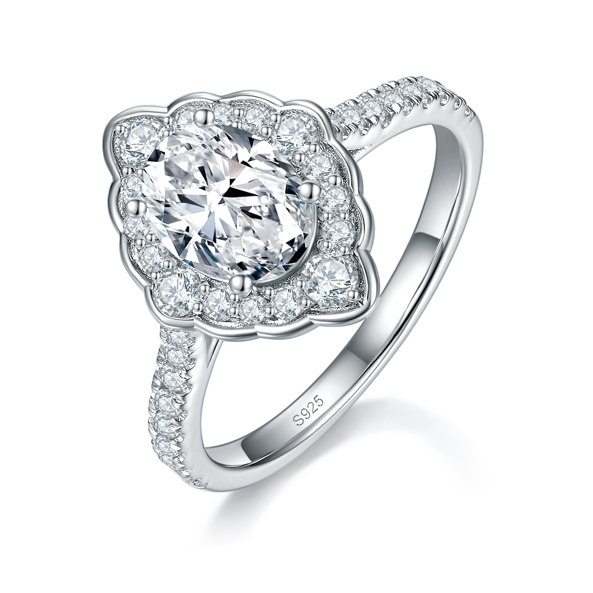 捧花蛋形女戒S925银镀白金定制选款主石莫桑钻1.5ct/副石高碳钻