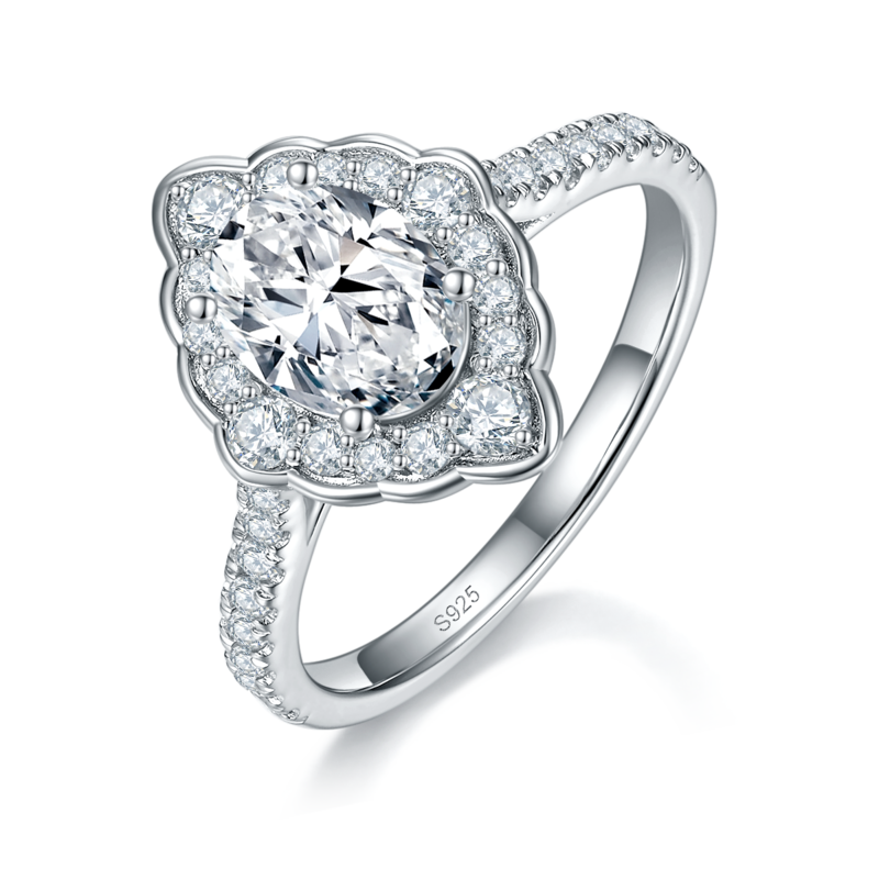 捧花蛋形女戒S925银镀白金定制选款主石莫桑钻1.5ct/副石高碳钻