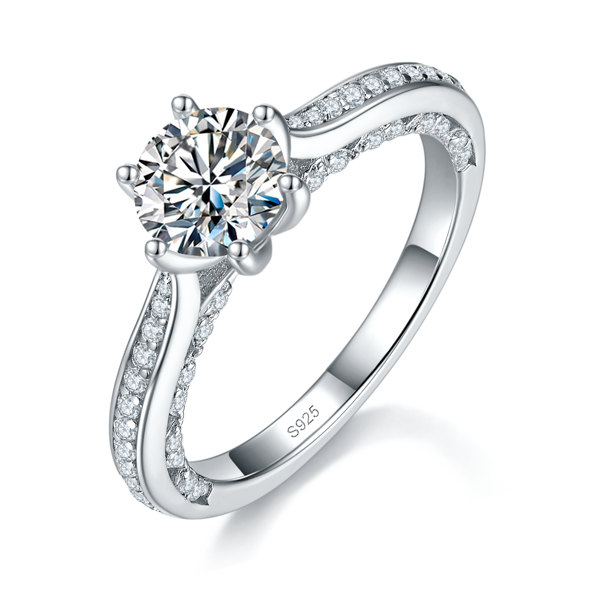 Six Claw Women's Ring S925 Silver Plated Platinum Customized Selection Main Stone Moissanite 1.0ct/Side Stone Cubic Zirconia