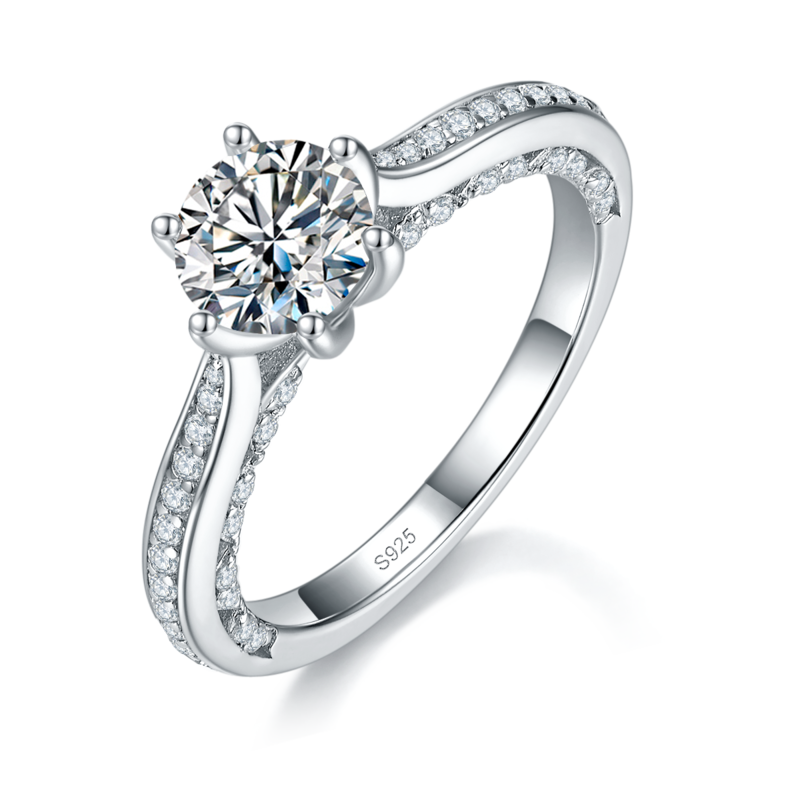 六爪Women's RingS925银镀白金定制选款主石Moissanite1.0ct/副石高碳钻