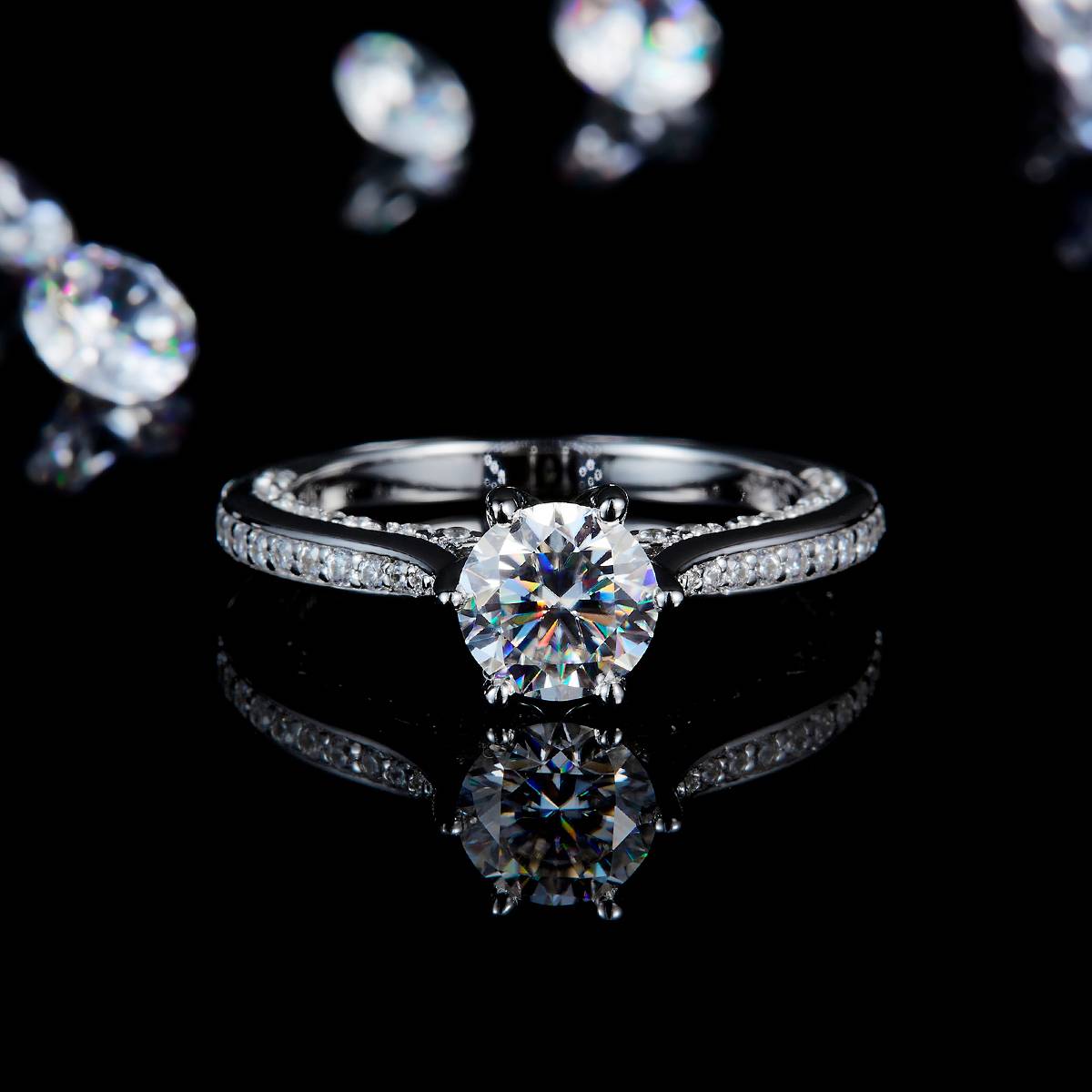 Six Claw Women's Ring S925 Silver Plated Platinum Customized Selection Main Stone Moissanite 1.0ct/Side Stone Cubic Zirconia