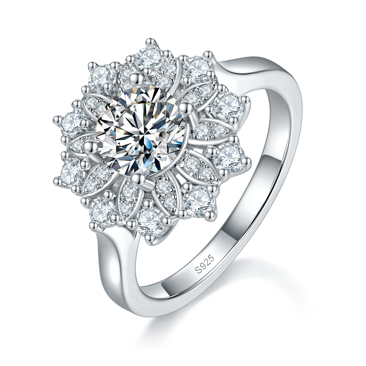 太阳花Women's RingS925银镀白金定制选款主石Moissanite1.0ct/副石高碳钻