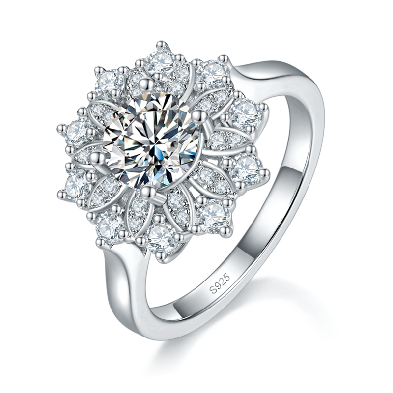 太阳花Women's RingS925银镀白金定制选款主石Moissanite1.0ct/副石高碳钻