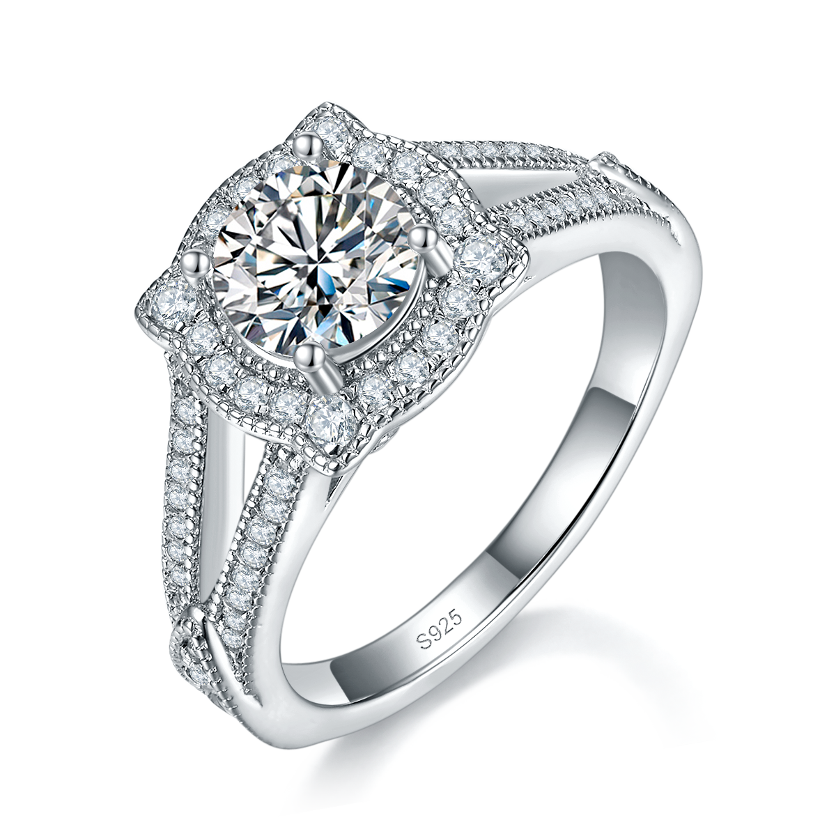 Y臂轻奢女戒S925银镀白金定制选款主石莫桑钻1.0ct/副石高碳钻