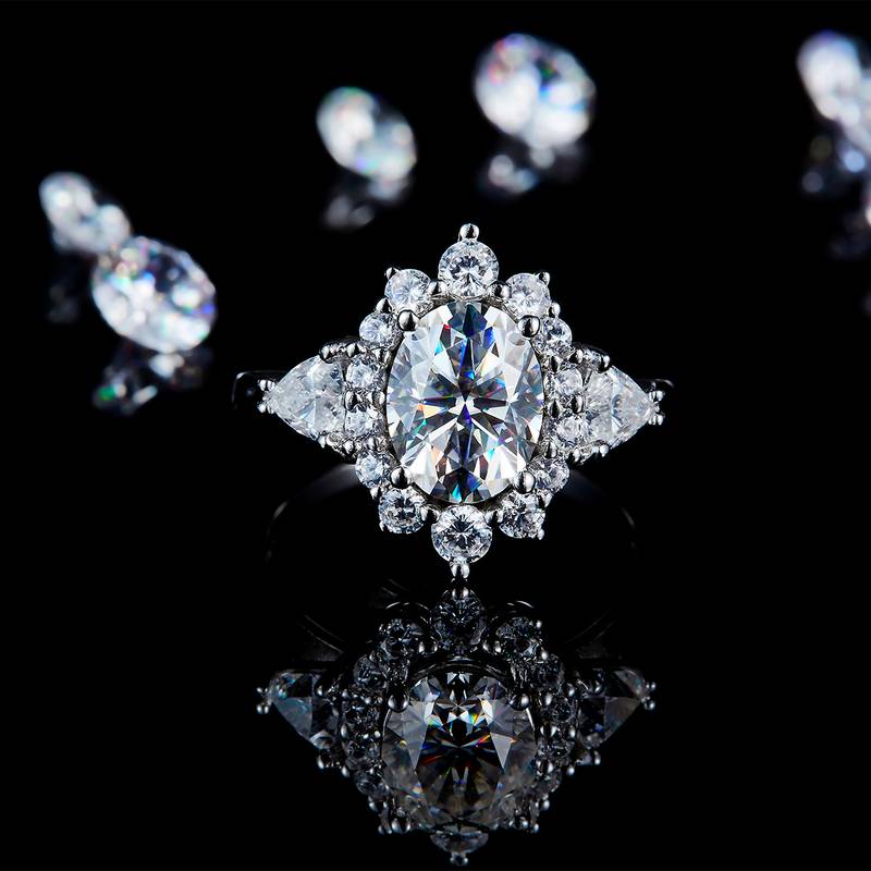 三石Affordable Luxury蛋形Women's RingS925银镀白金定制选款主石Moissanite2.0ct/副石高碳钻