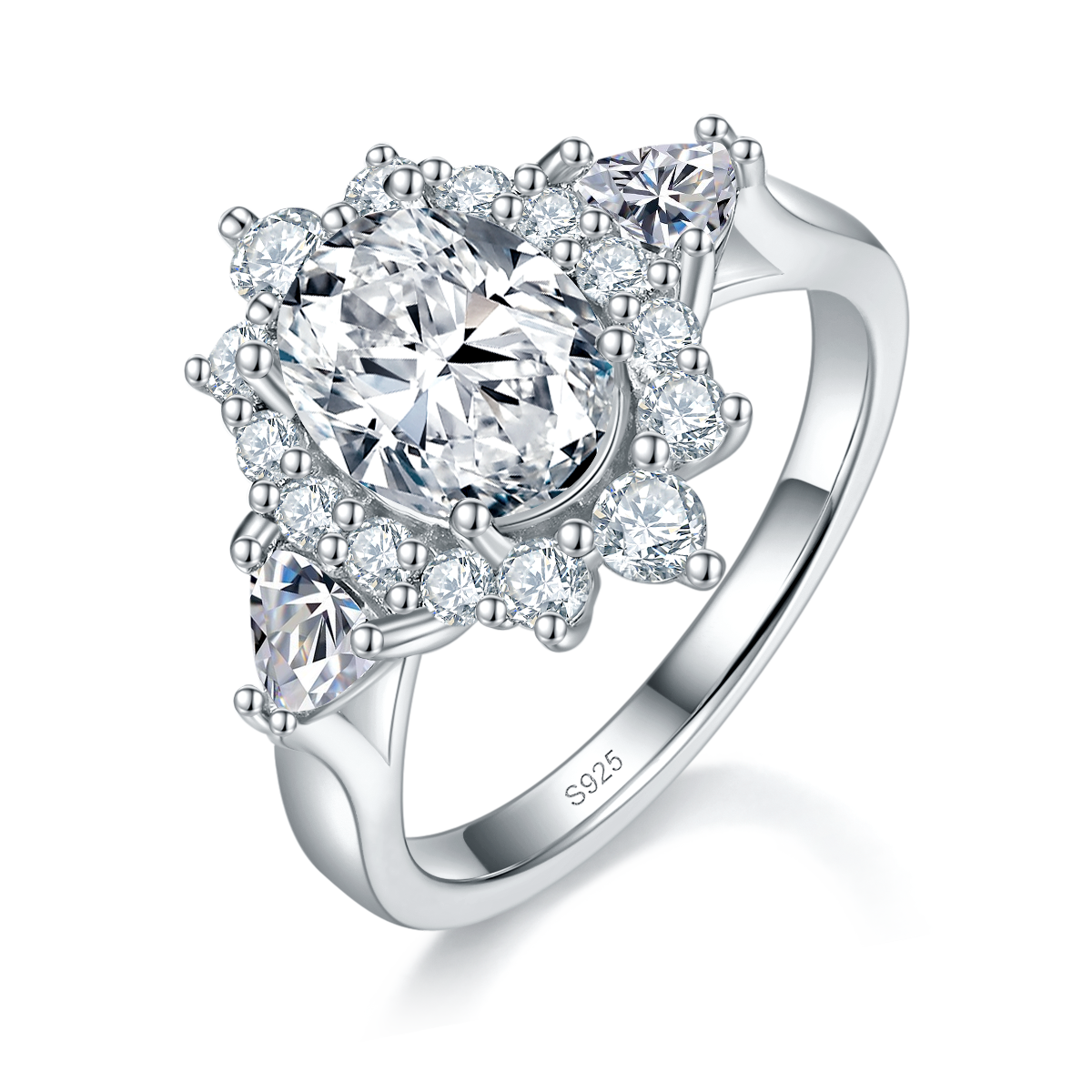 三石轻奢蛋形女戒S925银镀白金定制选款主石莫桑钻2.0ct/副石高碳钻