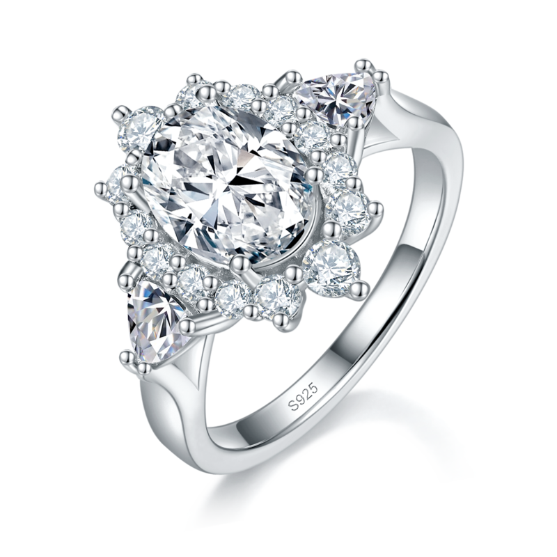 三石Affordable Luxury蛋形Women's RingS925银镀白金定制选款主石Moissanite2.0ct/副石高碳钻
