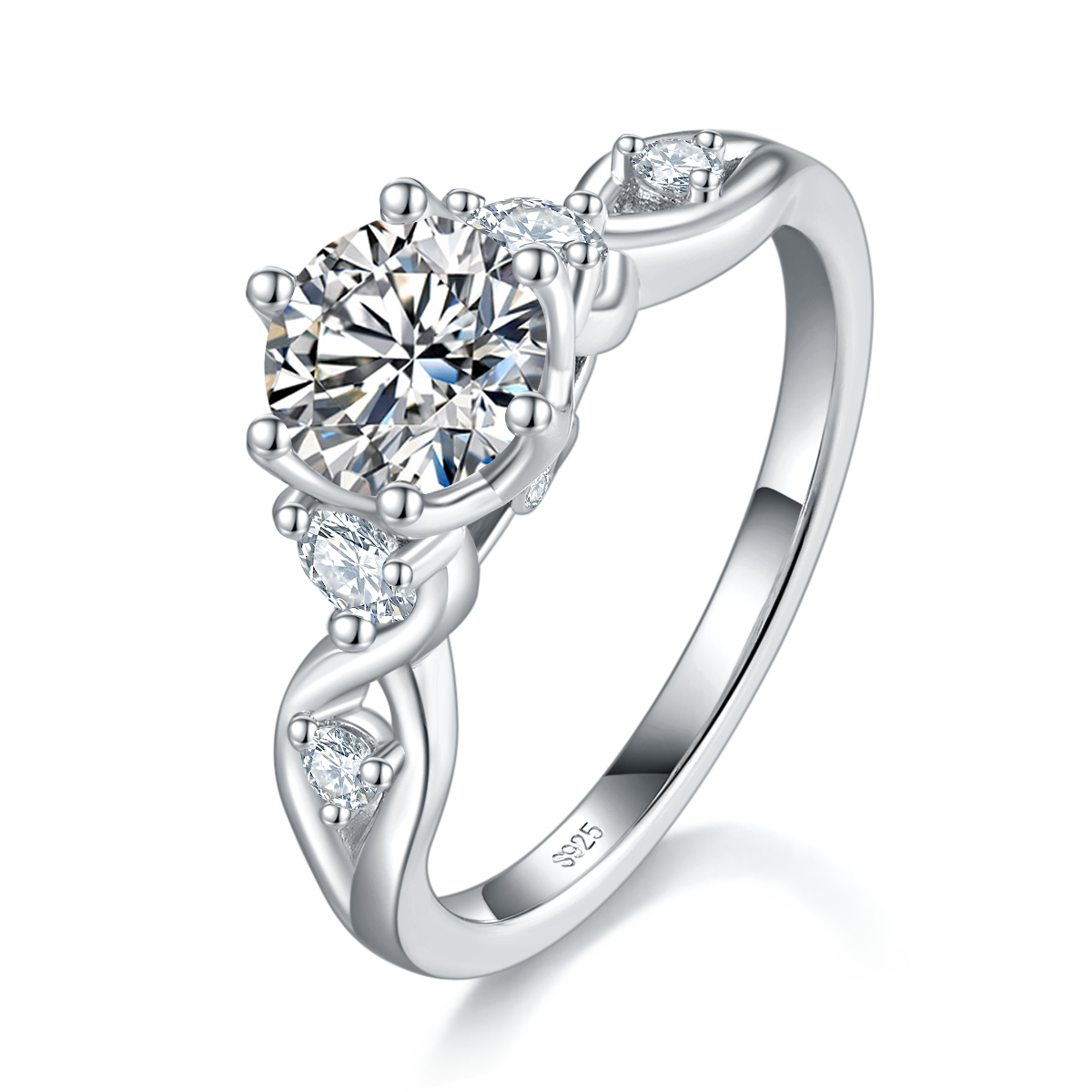 个性交织女戒S925银镀白金定制选款主石莫桑钻1.0ct/副石高碳钻