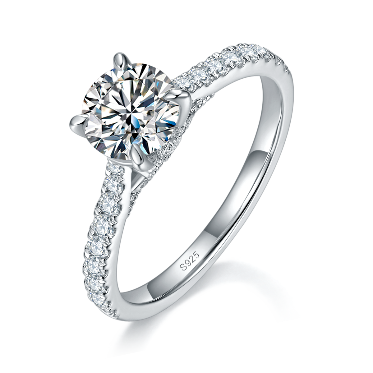 微镶四爪女戒S925银镀白金定制选款主石莫桑钻1.0ct/副石高碳钻