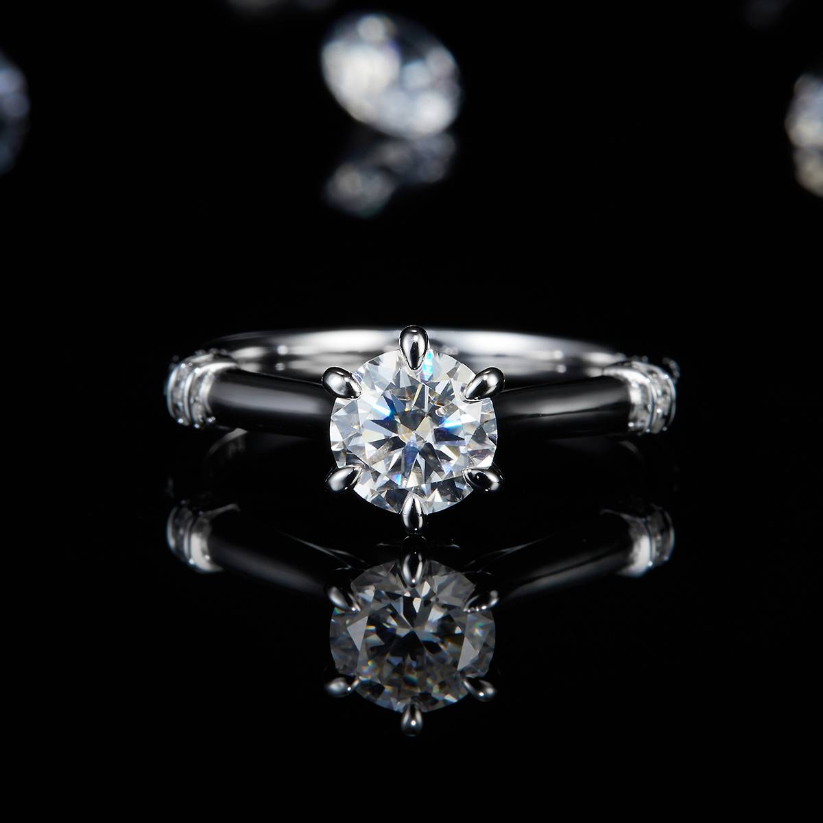 花慕六爪Women's RingS925银镀白金定制选款主石Moissanite1.0ct/副石高碳钻