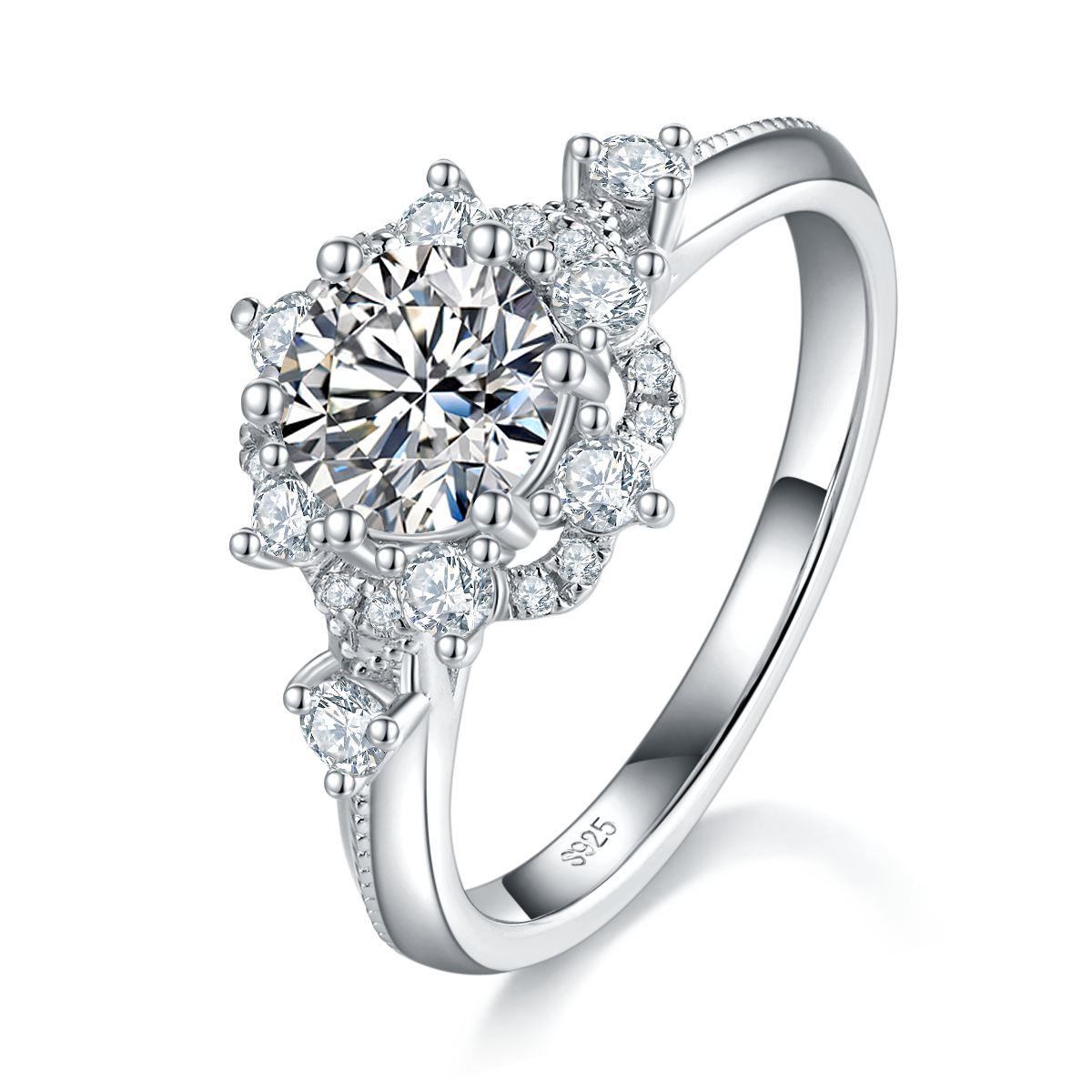 富贵花蕊Women's RingS925银镀白金定制选款主石Moissanite1.0ct/副石高碳钻