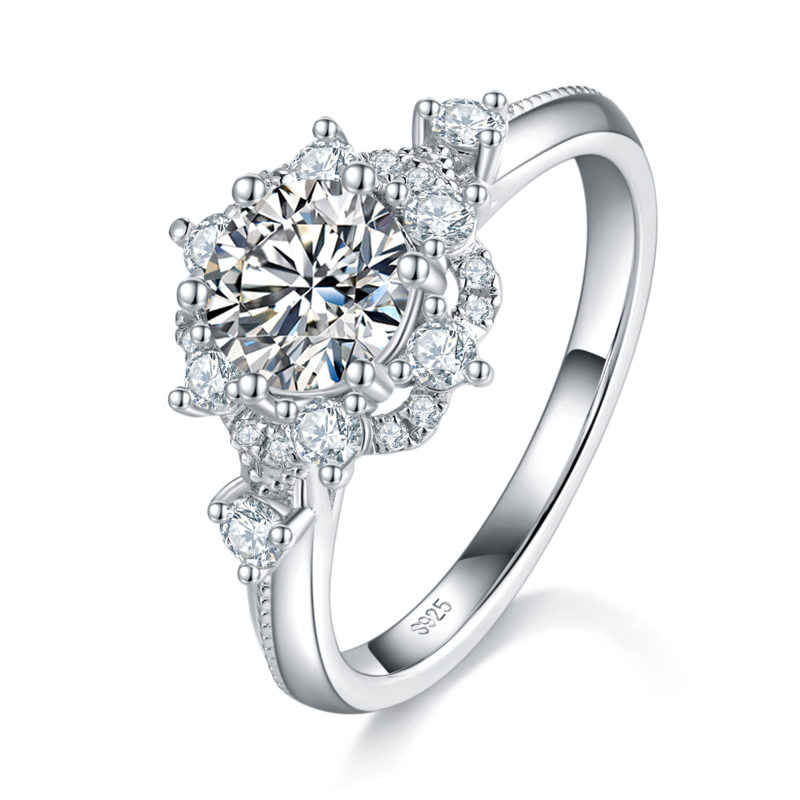 富贵花蕊Women's RingS925银镀白金定制选款主石Moissanite1.0ct/副石高碳钻
