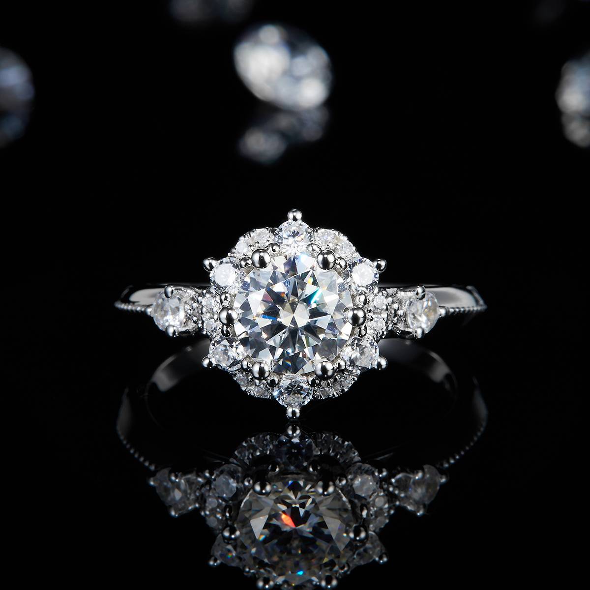 富贵花蕊Women's RingS925银镀白金定制选款主石Moissanite1.0ct/副石高碳钻