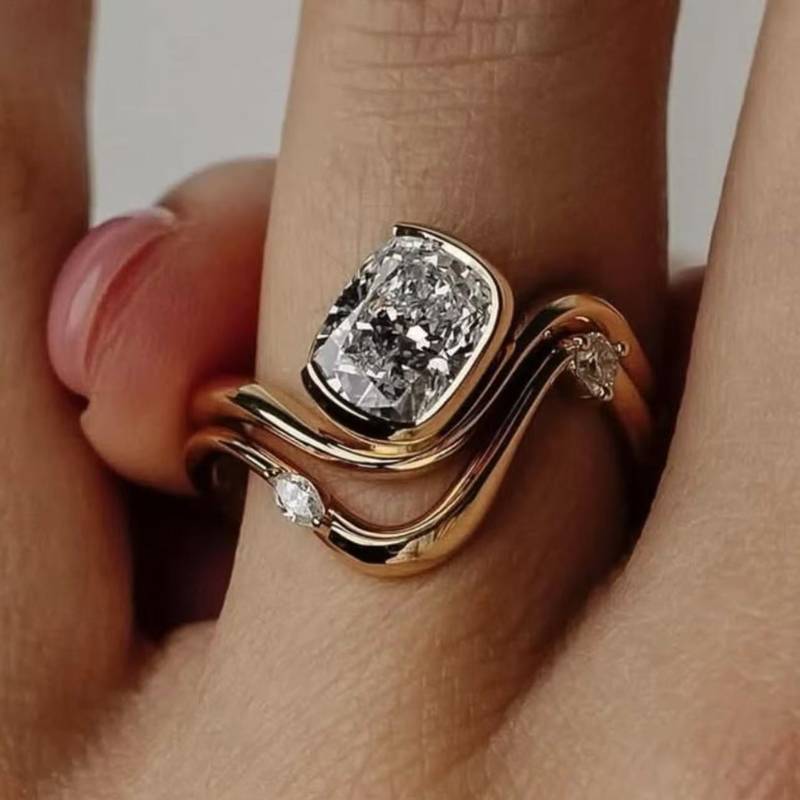 MR0140款S925银镀18K黄金长方枕形莫桑钻女套戒主石8*6mm/2.0CT