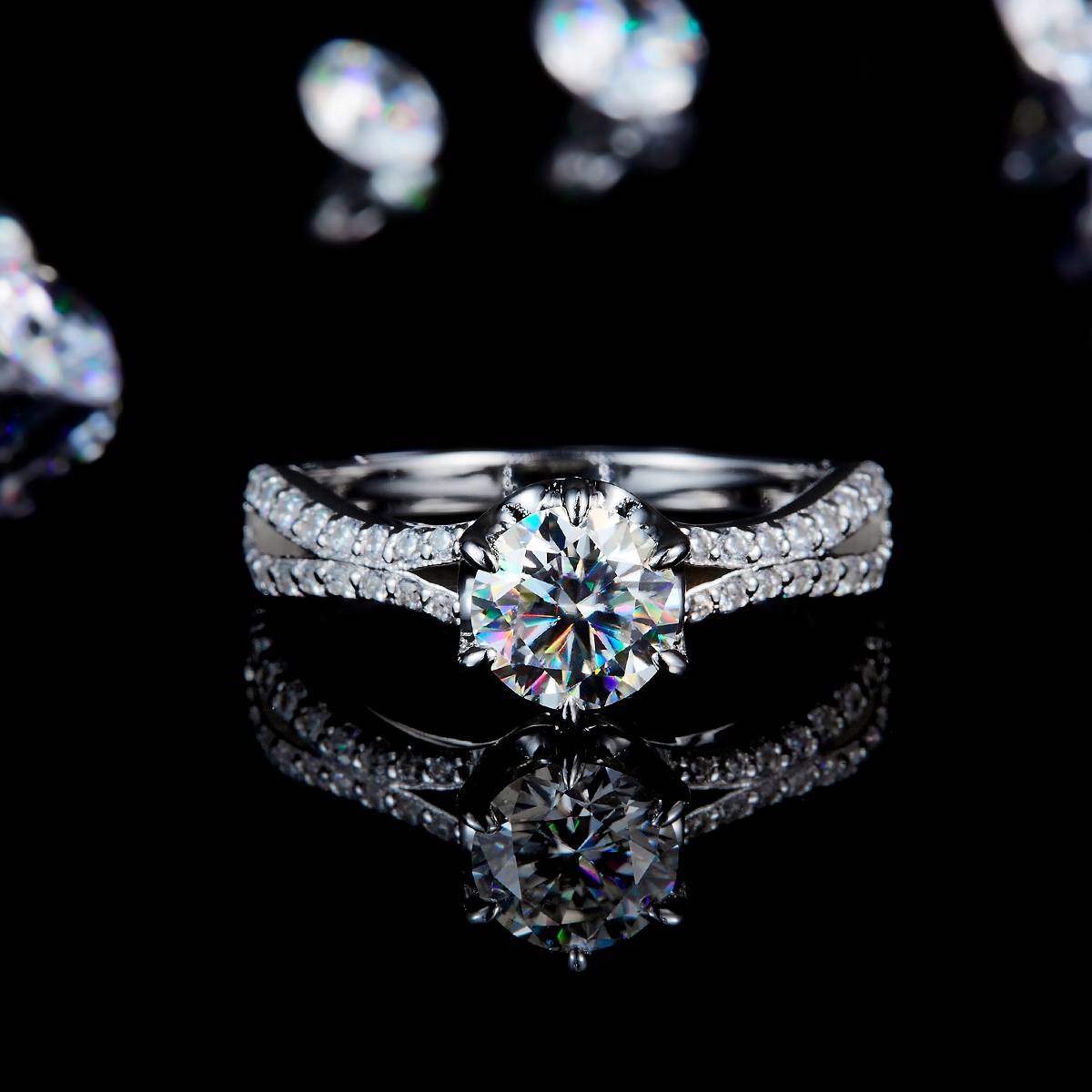 六爪Women's RingS925银镀白金定制选款主石Moissanite1.0ct/副石高碳钻
