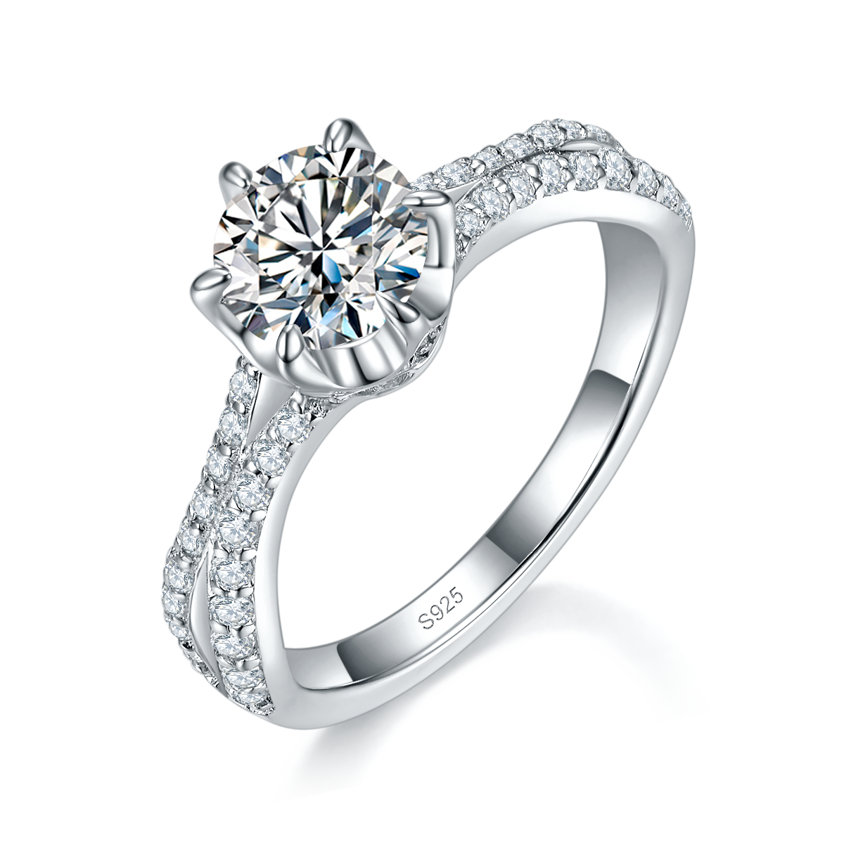 六爪Women's RingS925银镀白金定制选款主石Moissanite1.0ct/副石高碳钻