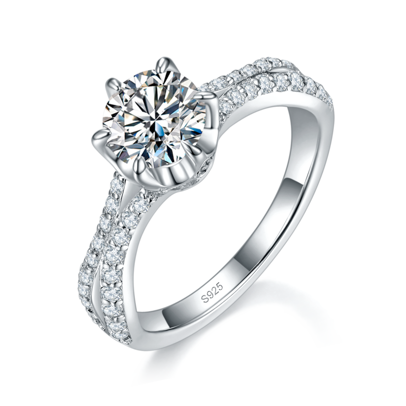 六爪Women's RingS925银镀白金定制选款主石Moissanite1.0ct/副石高碳钻