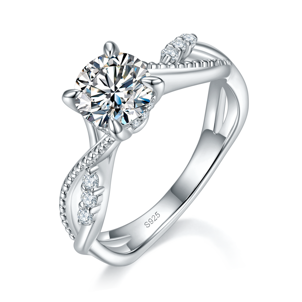 扭臂四爪Women's RingS925银镀白金定制选款主石Moissanite1.0ct/副石高碳钻