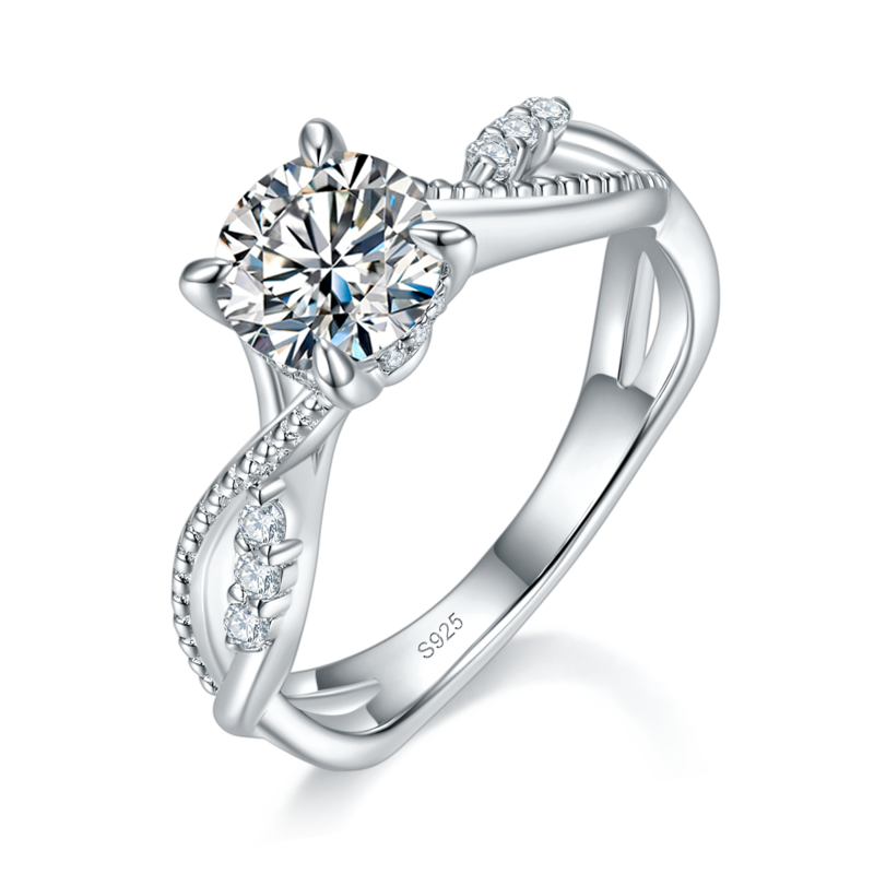 扭臂四爪Women's RingS925银镀白金定制选款主石Moissanite1.0ct/副石高碳钻