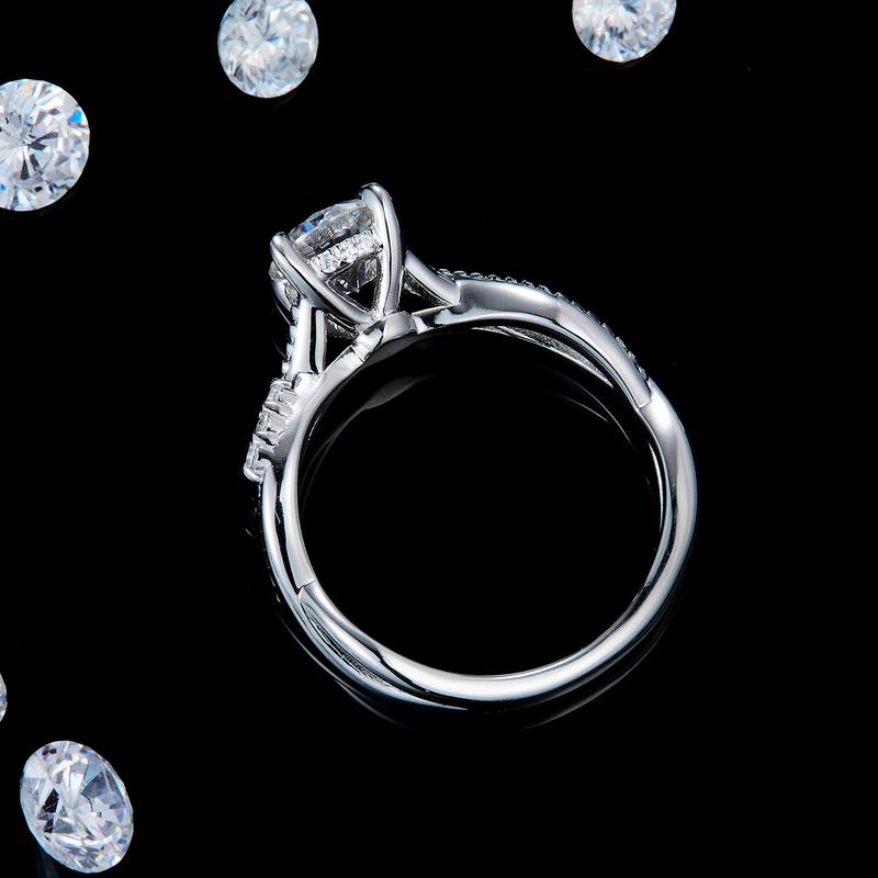 扭臂四爪Women's RingS925银镀白金定制选款主石Moissanite1.0ct/副石高碳钻