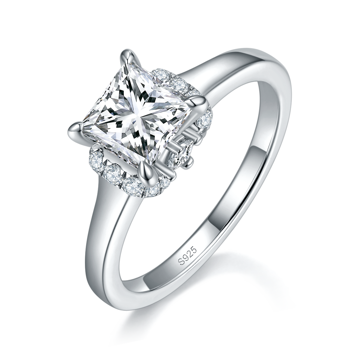 公主方女戒S925银镀白金定制选款主石莫桑钻1.2ct/副石高碳钻