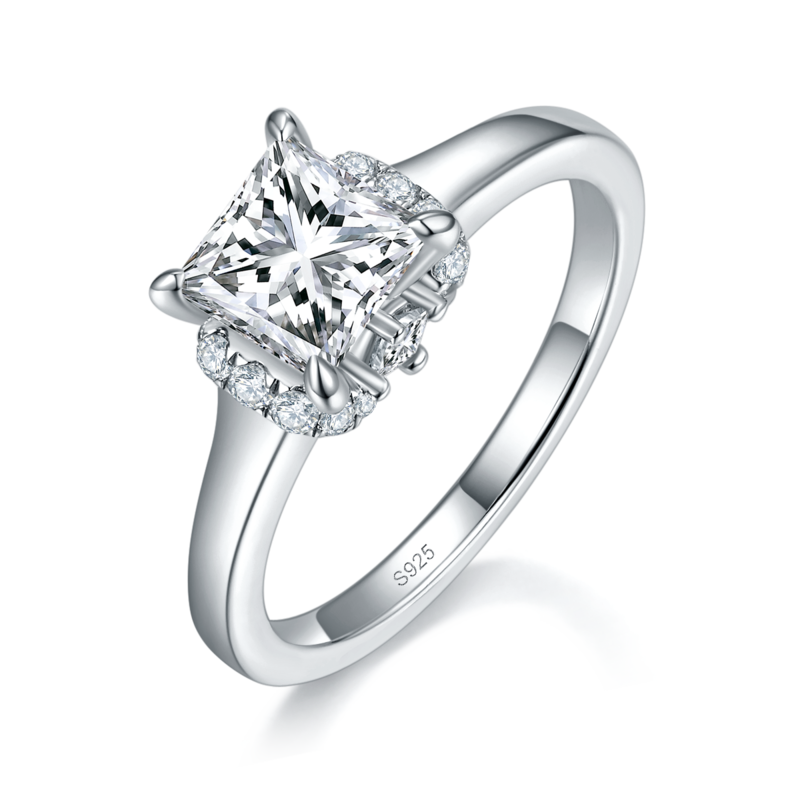 公主方Women's RingS925银镀白金定制选款主石Moissanite1.2ct/副石高碳钻