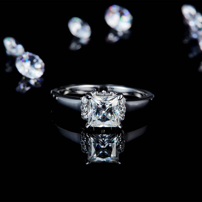 公主方Women's RingS925银镀白金定制选款主石Moissanite1.2ct/副石高碳钻