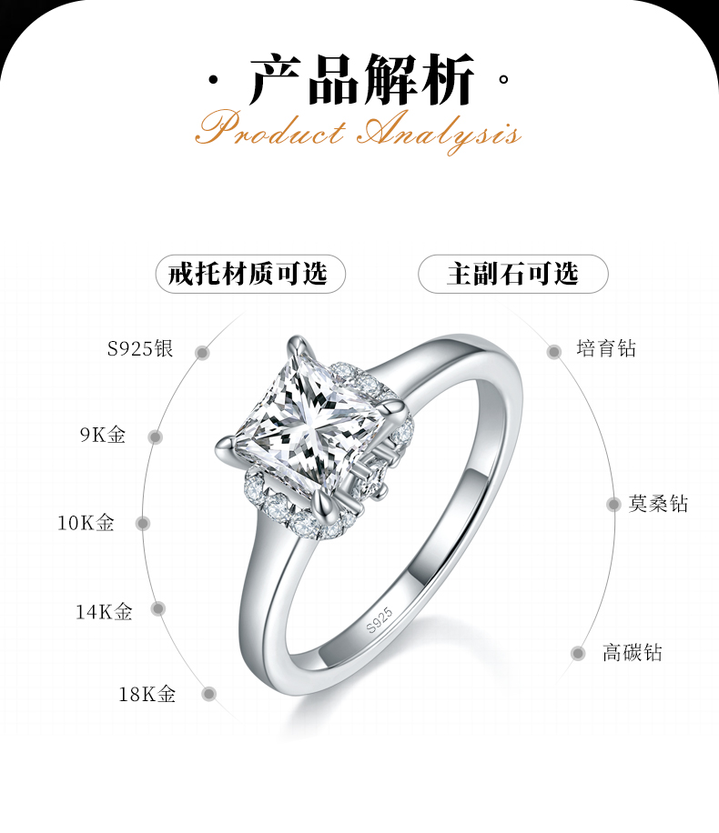 公主方女戒S925银镀白金定制选款主石莫桑钻1.2ct/副石高碳钻 - 2