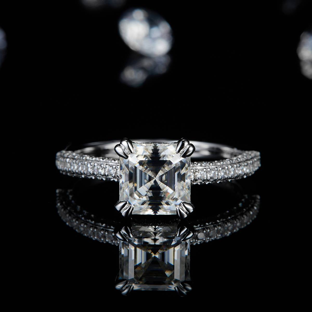 Square Diamond Luxury Women's Ring S925 Silver Plated Platinum Customized Selection Main Stone Moissanite 2.0ct/Side Stone Cubic Zirconia