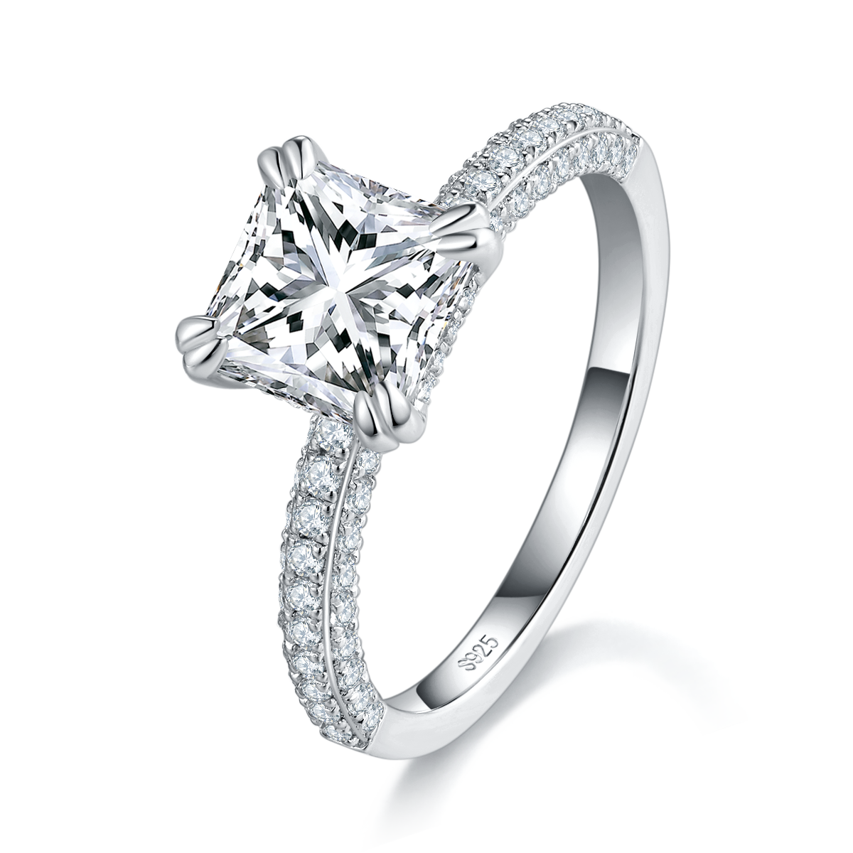 Square Diamond Luxury Women's Ring S925 Silver Plated Platinum Customized Selection Main Stone Moissanite 2.0ct/Side Stone Cubic Zirconia