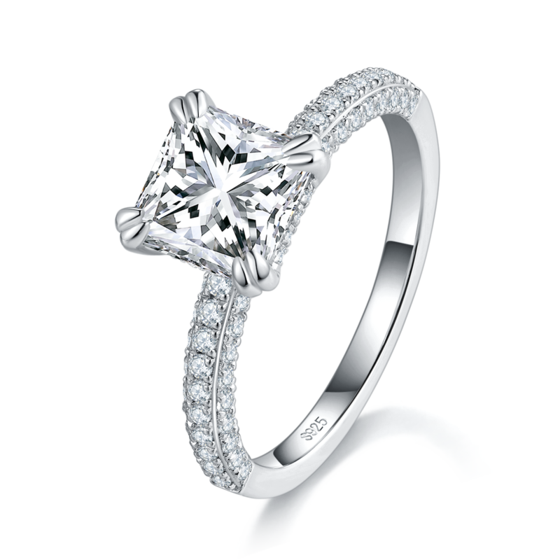 方钻豪华款女戒S925银镀白金定制选款主石莫桑钻2.0ct/副石高碳钻