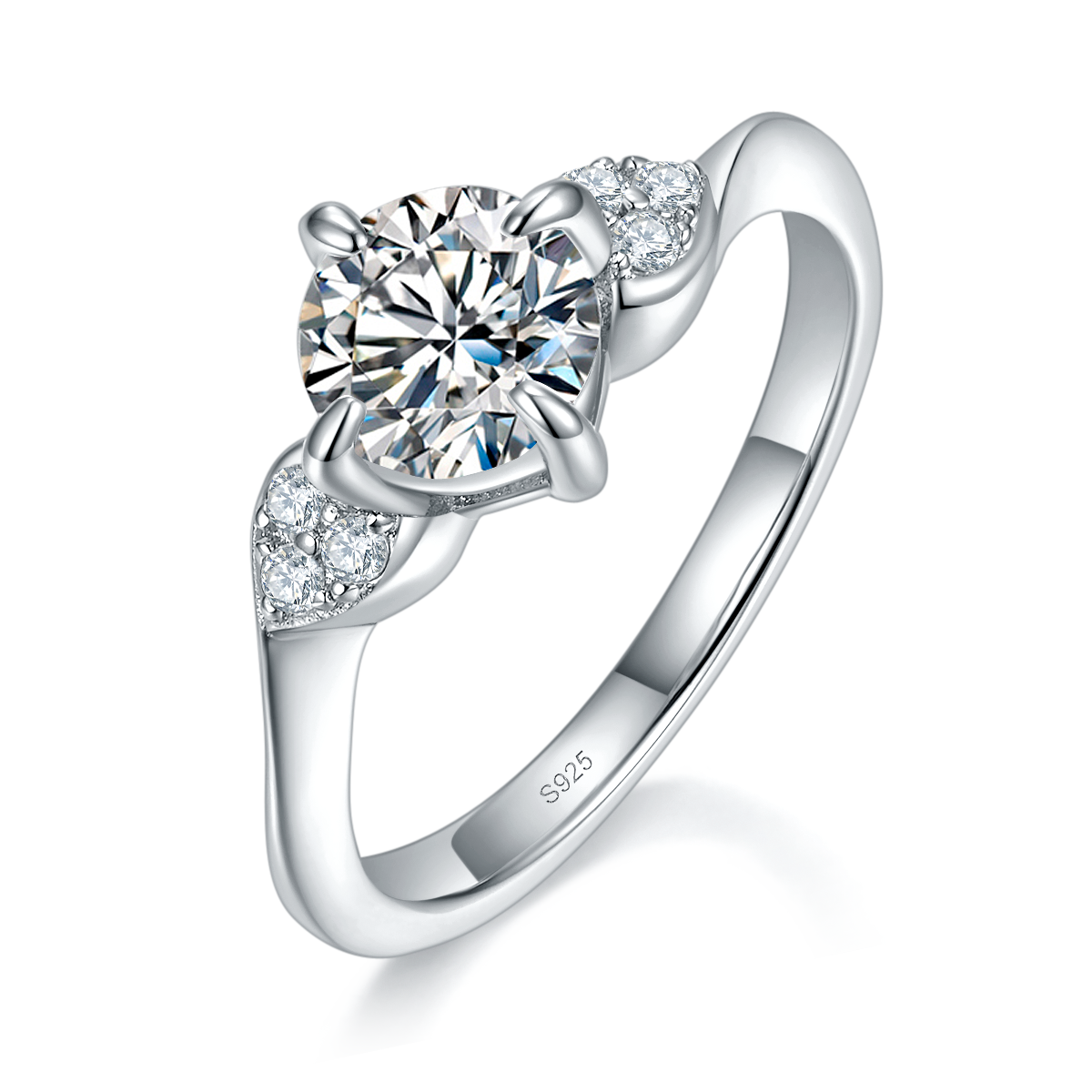 时尚扭臂女戒S925银镀白金定制选款主石莫桑钻1.0ct/副石高碳钻