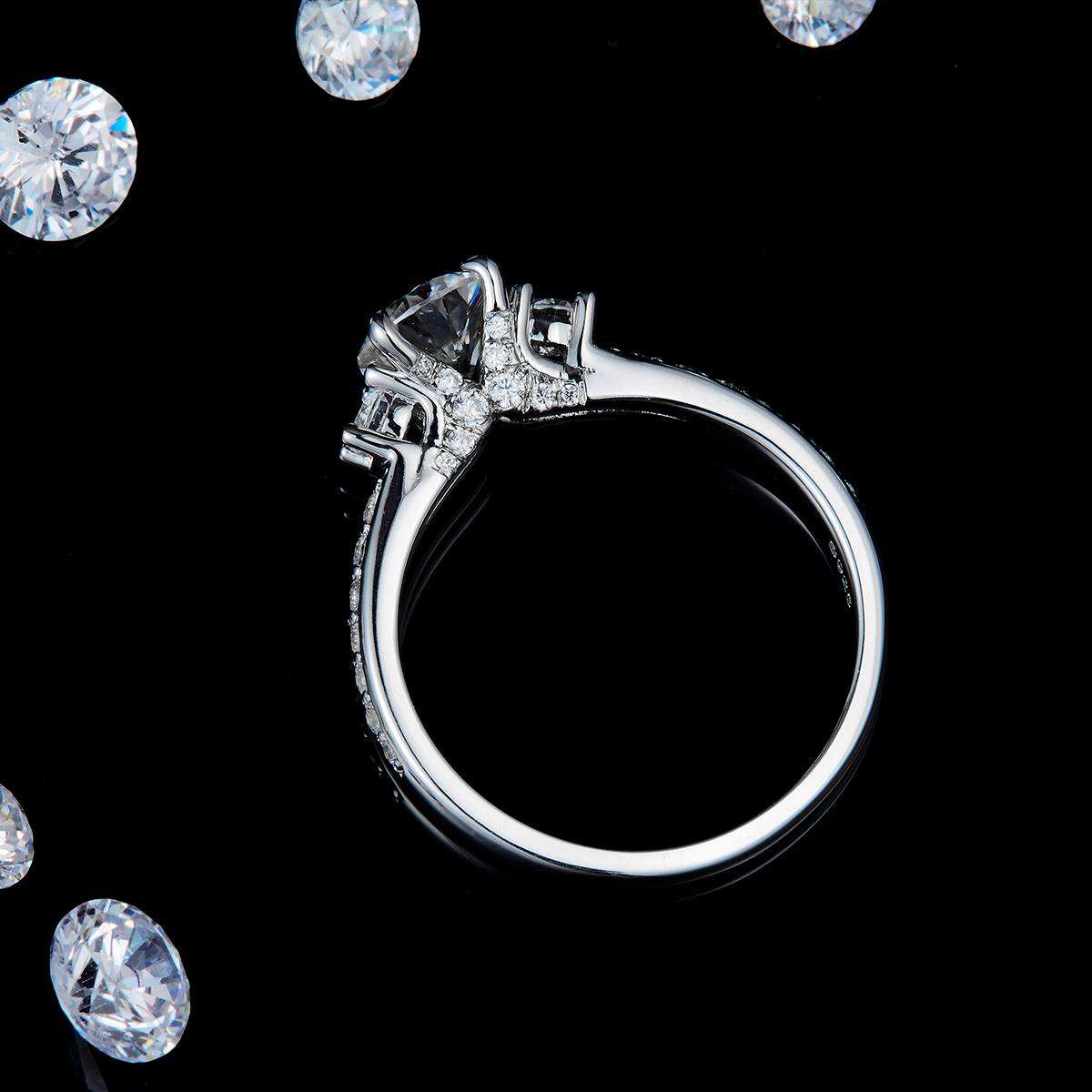 Straight arm micro inlaid three stone women's ring S925 silver plated platinum customized selection main stone Moissanite 1.0ct/Side Stone Cubic Zirconia