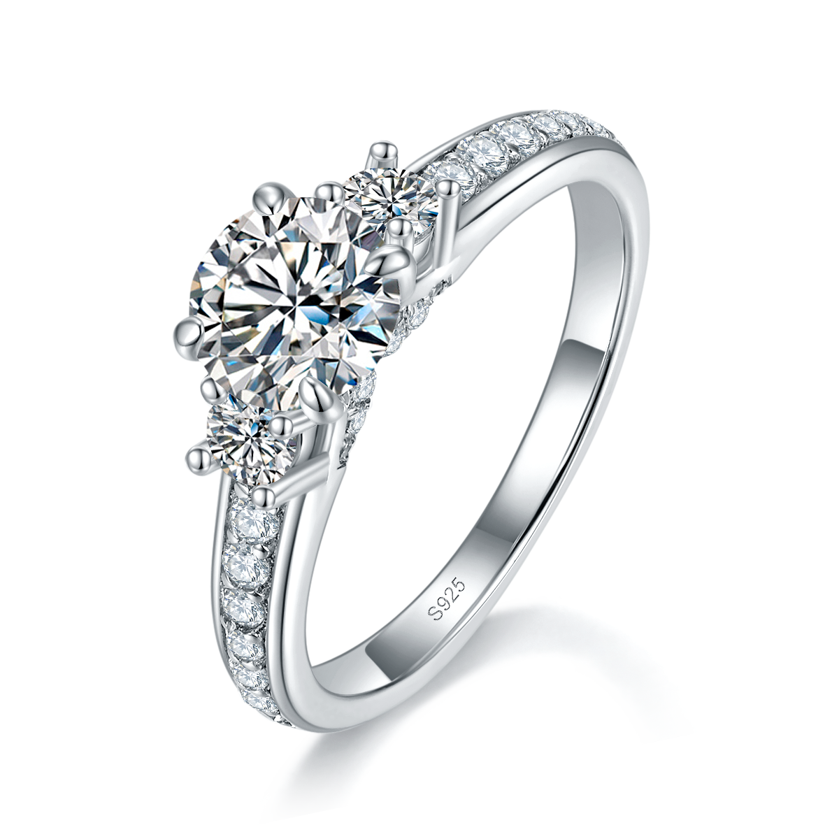 Straight arm micro inlaid three stone women's ring S925 silver plated platinum customized selection main stone Moissanite 1.0ct/Side Stone Cubic Zirconia