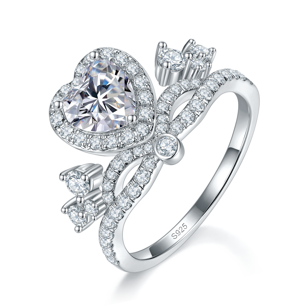 爱心皇冠女戒S925银镀白金定制选款主石莫桑钻1.0ct/副石高碳钻