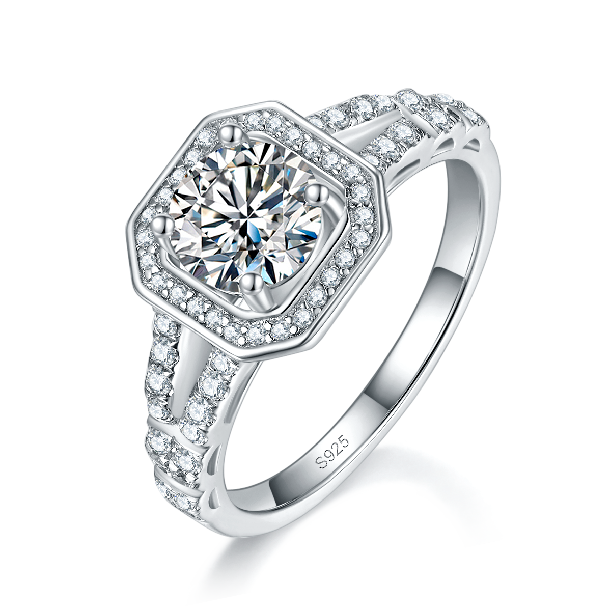 Double arm square bag women's ring S925 silver plated platinum custom selection main stone Moissanite 1.0ct/Side Stone Cubic Zirconia