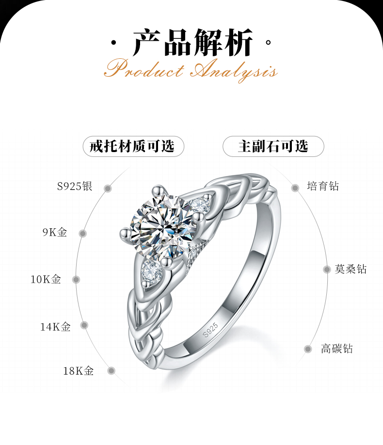 爱心戒臂女戒S925银镀白金定制选款主石莫桑钻1.0ct/副石高碳钻 - 2