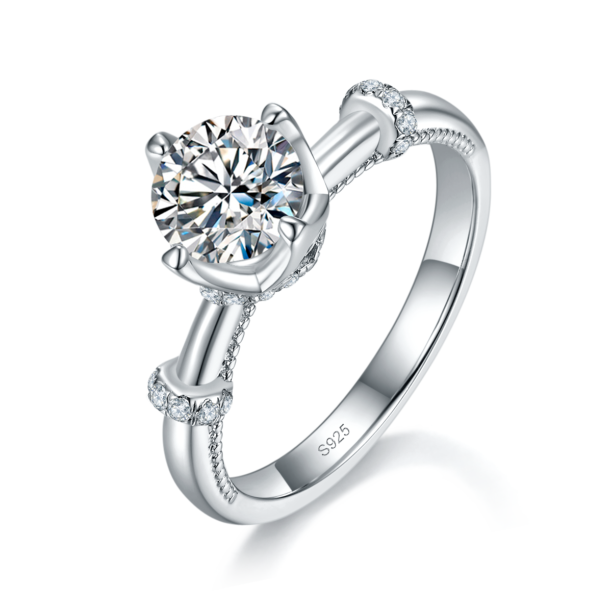四爪花苞圆钻滚珠女戒S925银镀白金定制选款主石莫桑钻1.0ct/副石高碳钻