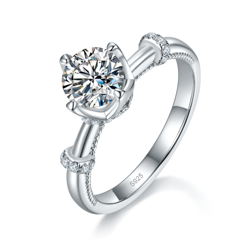 四爪花苞圆钻滚珠Women's RingS925银镀白金定制选款主石Moissanite1.0ct/副石高碳钻