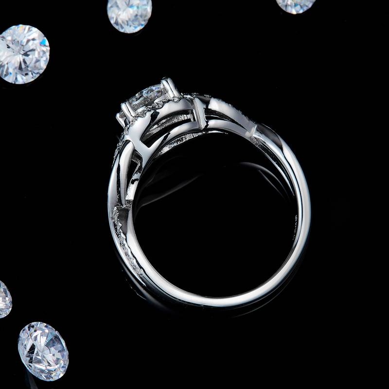 夸张扭臂交叉女戒S925银镀白金定制选款主石莫桑钻1.0ct/副石高碳钻