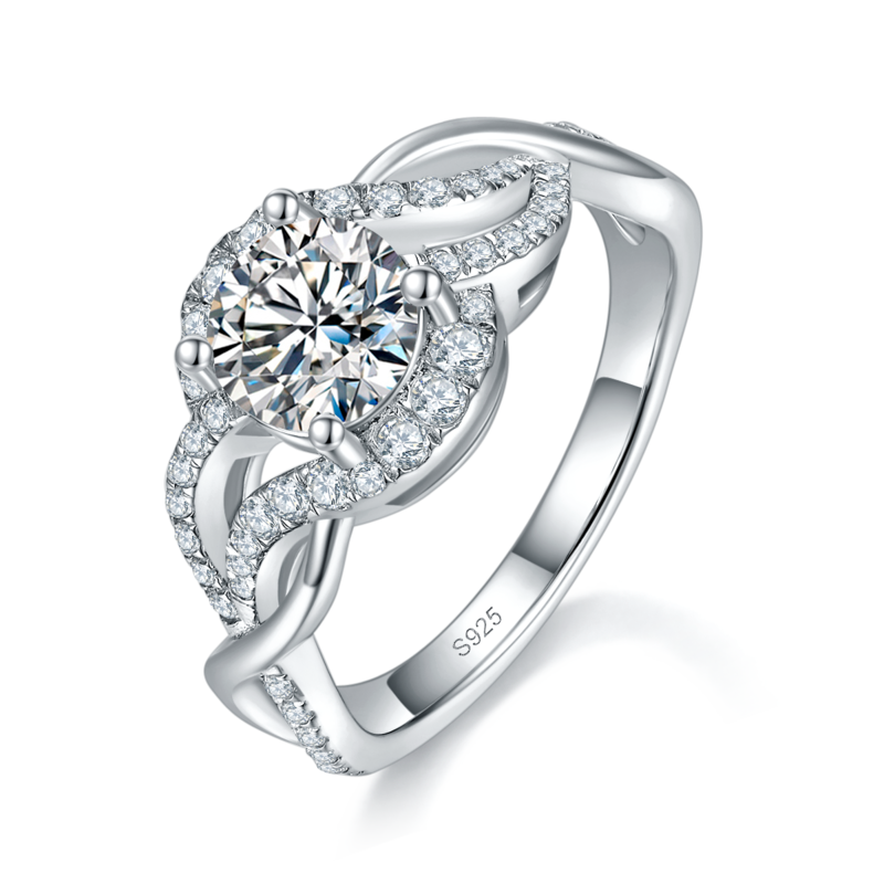 夸张扭臂交叉女戒S925银镀白金定制选款主石莫桑钻1.0ct/副石高碳钻