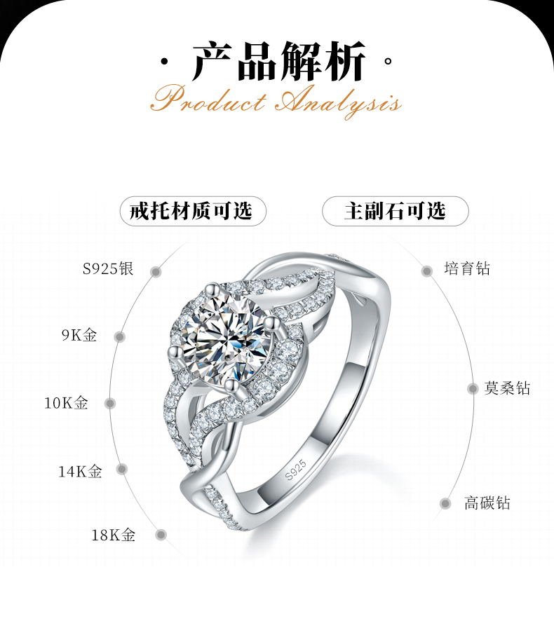 夸张扭臂交叉女戒S925银镀白金定制选款主石莫桑钻1.0ct/副石高碳钻 - 2