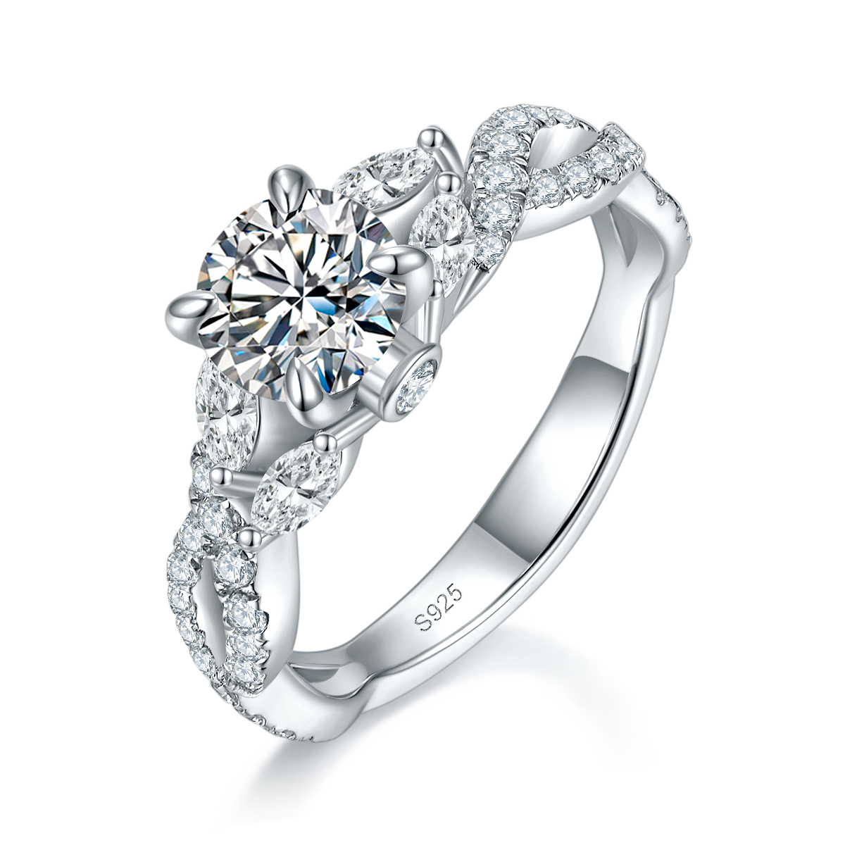满钻枝叶镂空女戒S925银镀白金定制选款主石莫桑钻1.0ct/副石高碳钻