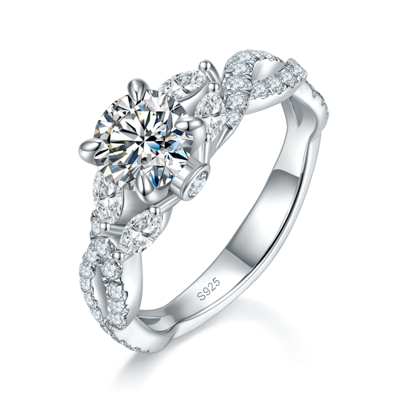 满钻枝叶镂空Women's RingS925银镀白金定制选款主石Moissanite1.0ct/副石高碳钻