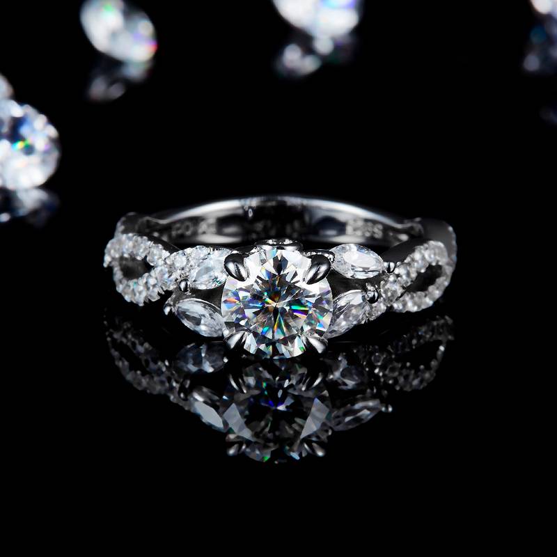 满钻枝叶镂空Women's RingS925银镀白金定制选款主石Moissanite1.0ct/副石高碳钻