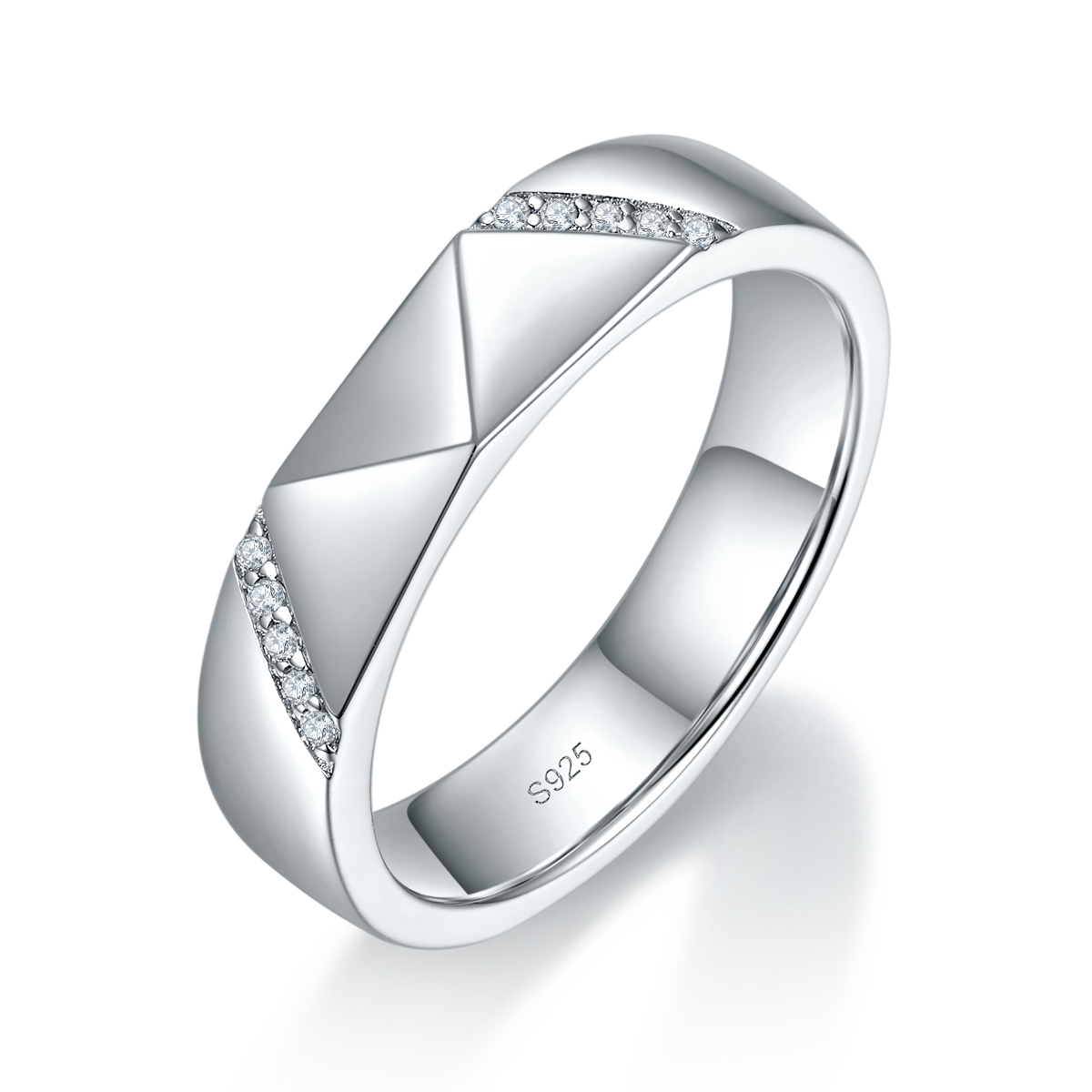情侣对戒S925银镀白金定制选款副石莫桑钻0.1ct