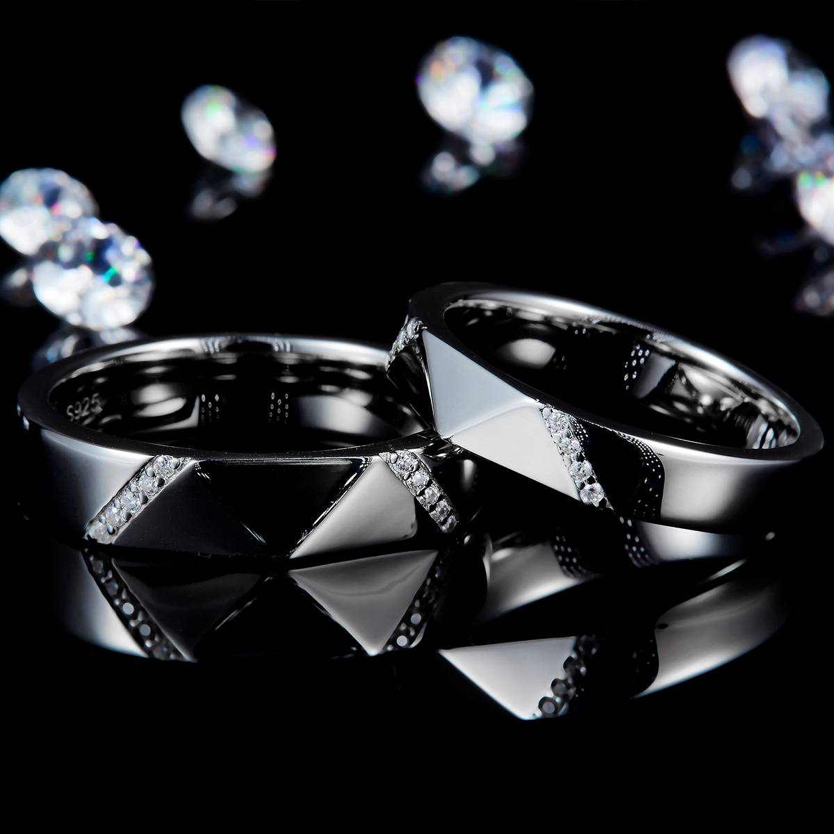 情侣对戒S925银镀白金定制选款副石莫桑钻0.1ct