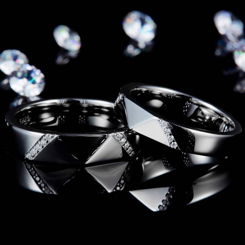 情侣对戒S925银镀白金定制选款副石莫桑钻0.1ct